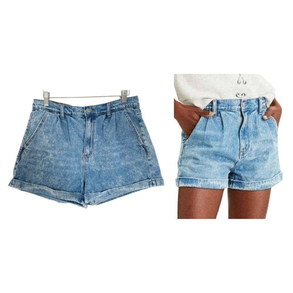 American Eagle Jean Shorts Women 8 Blue Denim Mom Pleated Acid 01237-5319 450